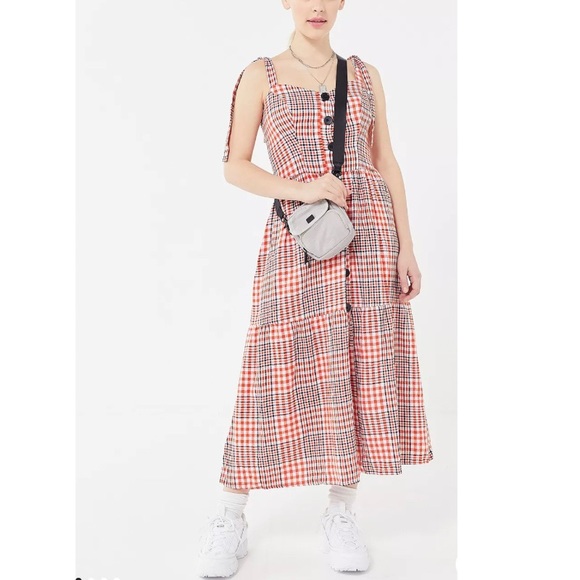 Urban Outfitters Dresses & Skirts - UO Plaid Positano Linen Apron Midi Dress